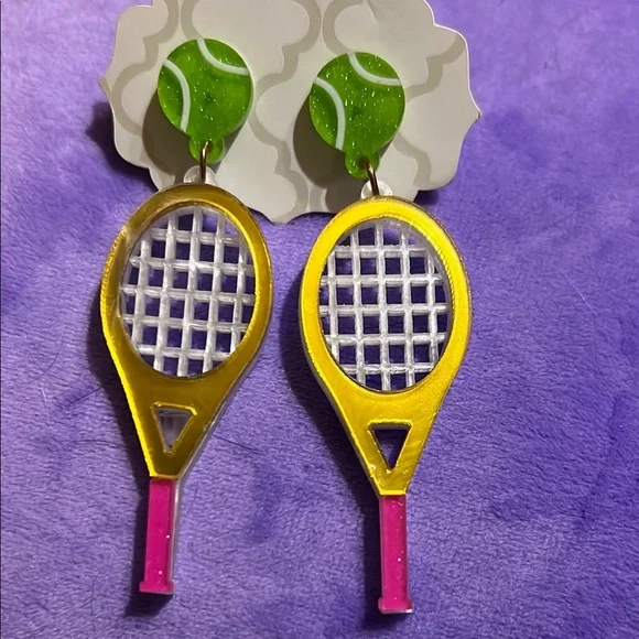 Tennis Racket Earrings with Green and Pink Accents - Picture 1 of 4